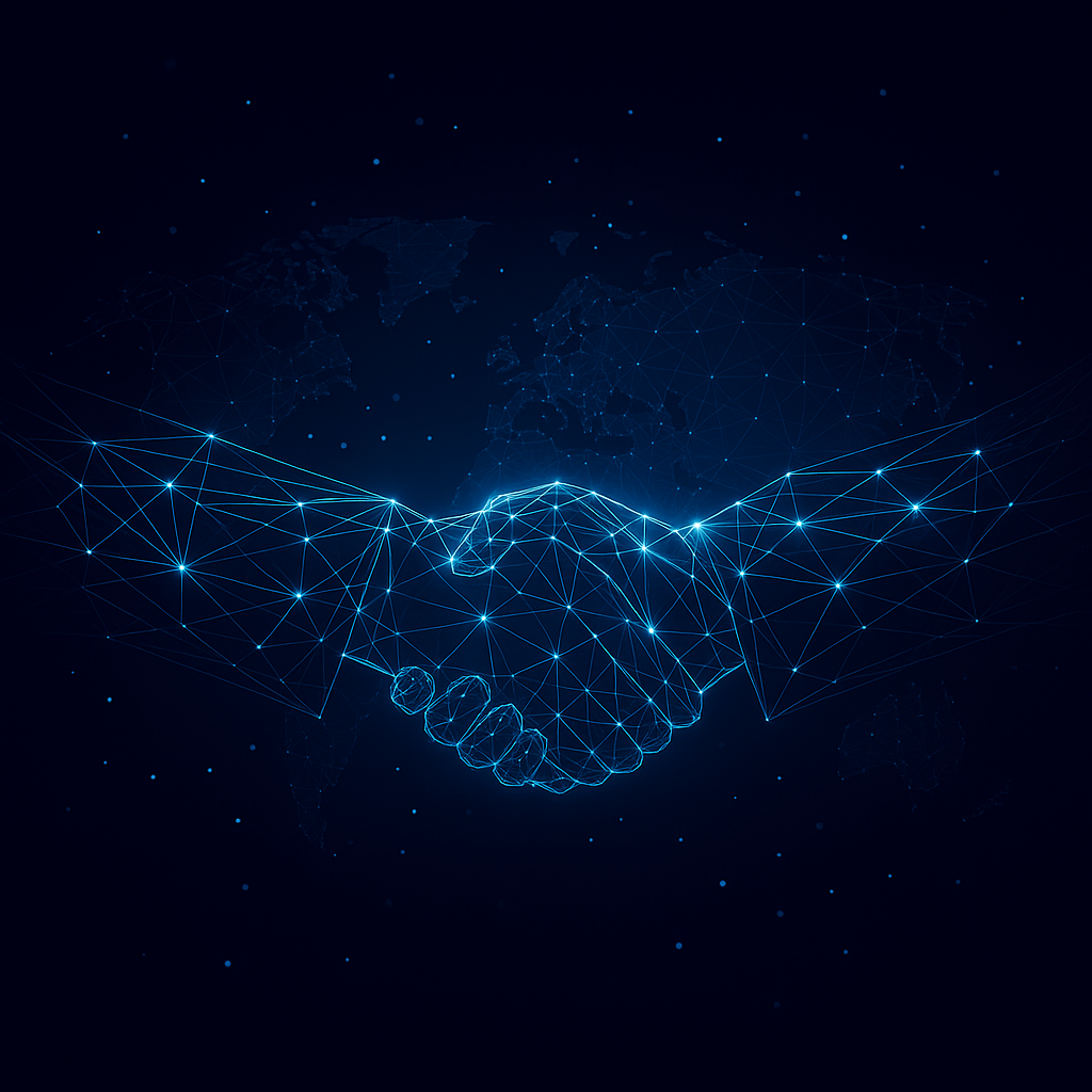 Abstract digital handshake representing partnership and collaboration across continents